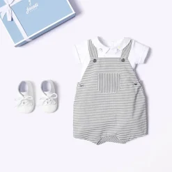 Combinaison, Barboteuse Et Ensemble-Jacadi Salopette bébé garçon en popeline rayée - GRIS/BLANC